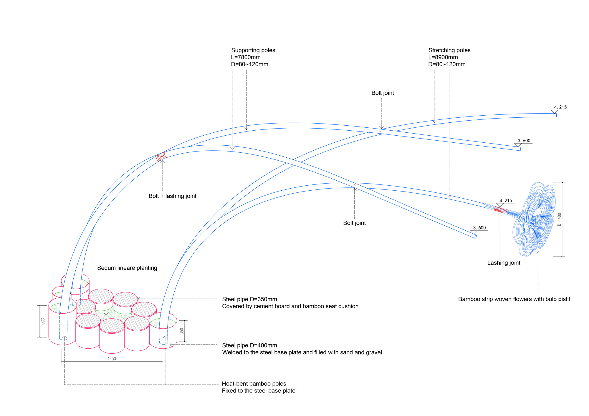 Technical drawing showing arched bamboo structure with labeled joints, planters, and woven butterfly element