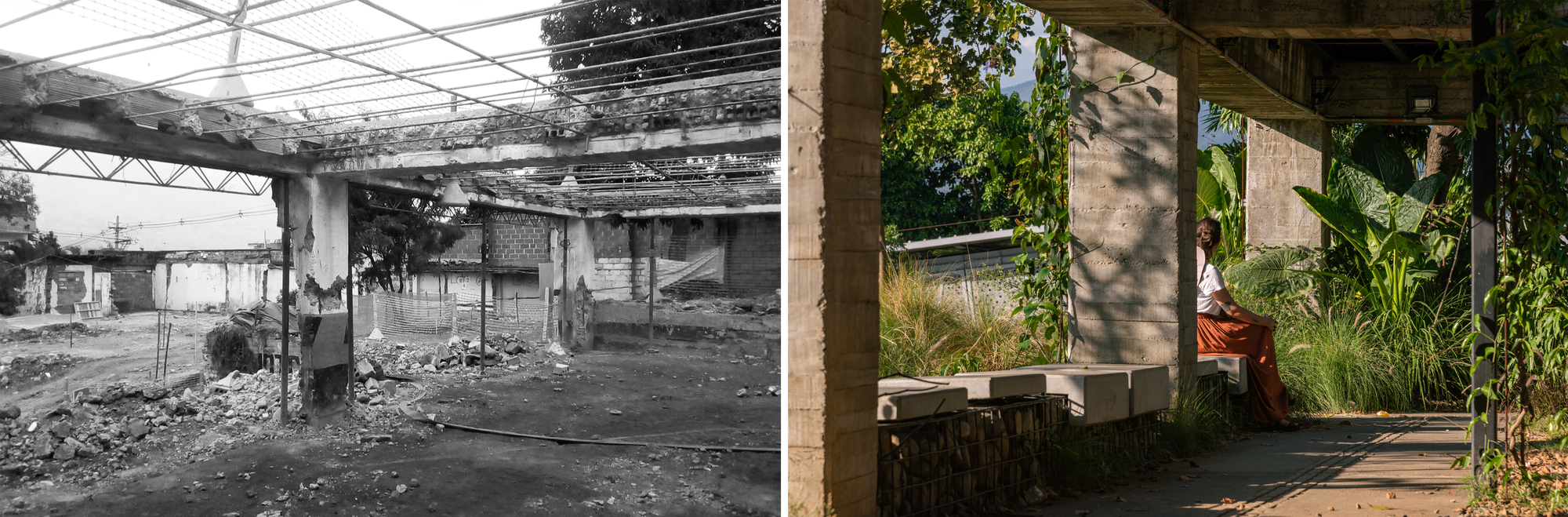 Split-screen showing before and after views of a concrete structure with planted beds and tropical vegetation