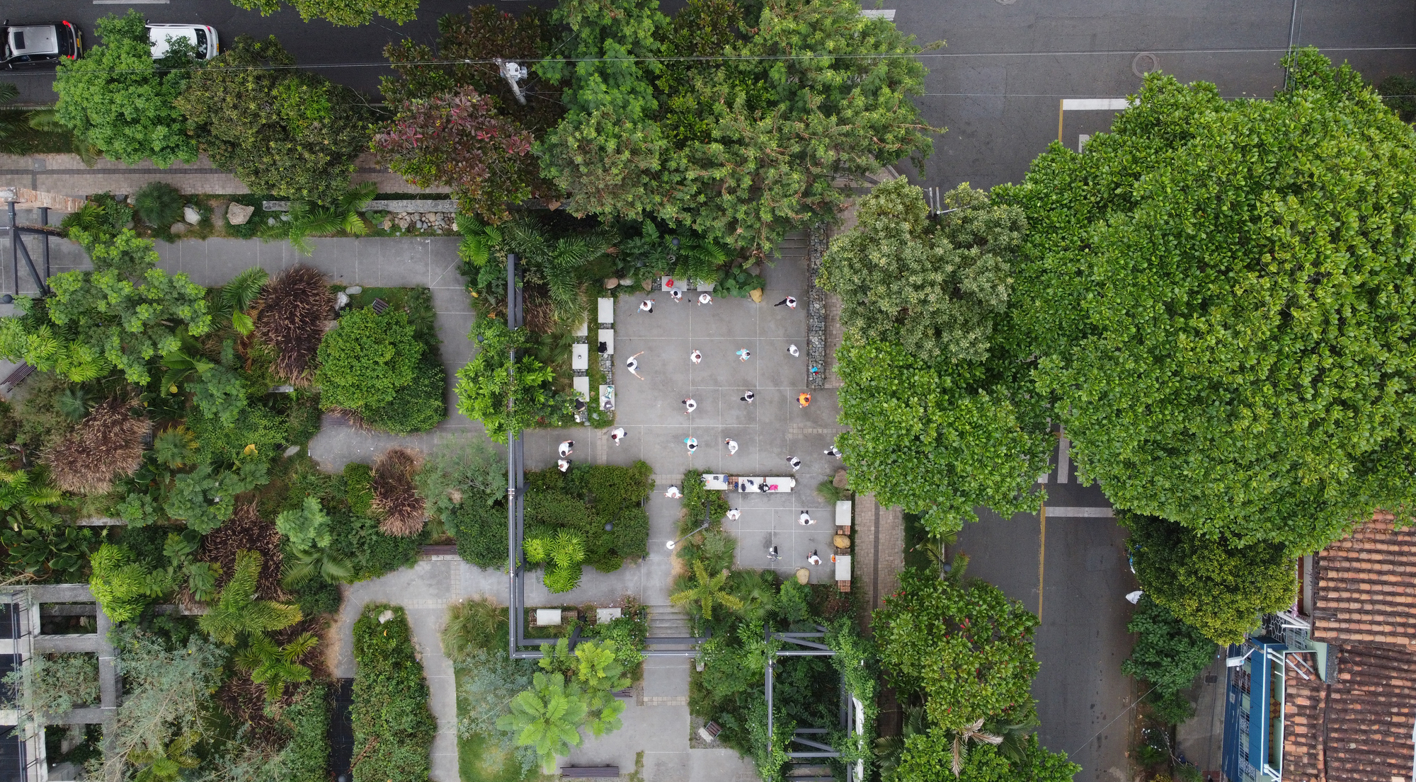 Overhead view of paved courtyard with white tables and chairs surrounded by mature trees and landscaping
