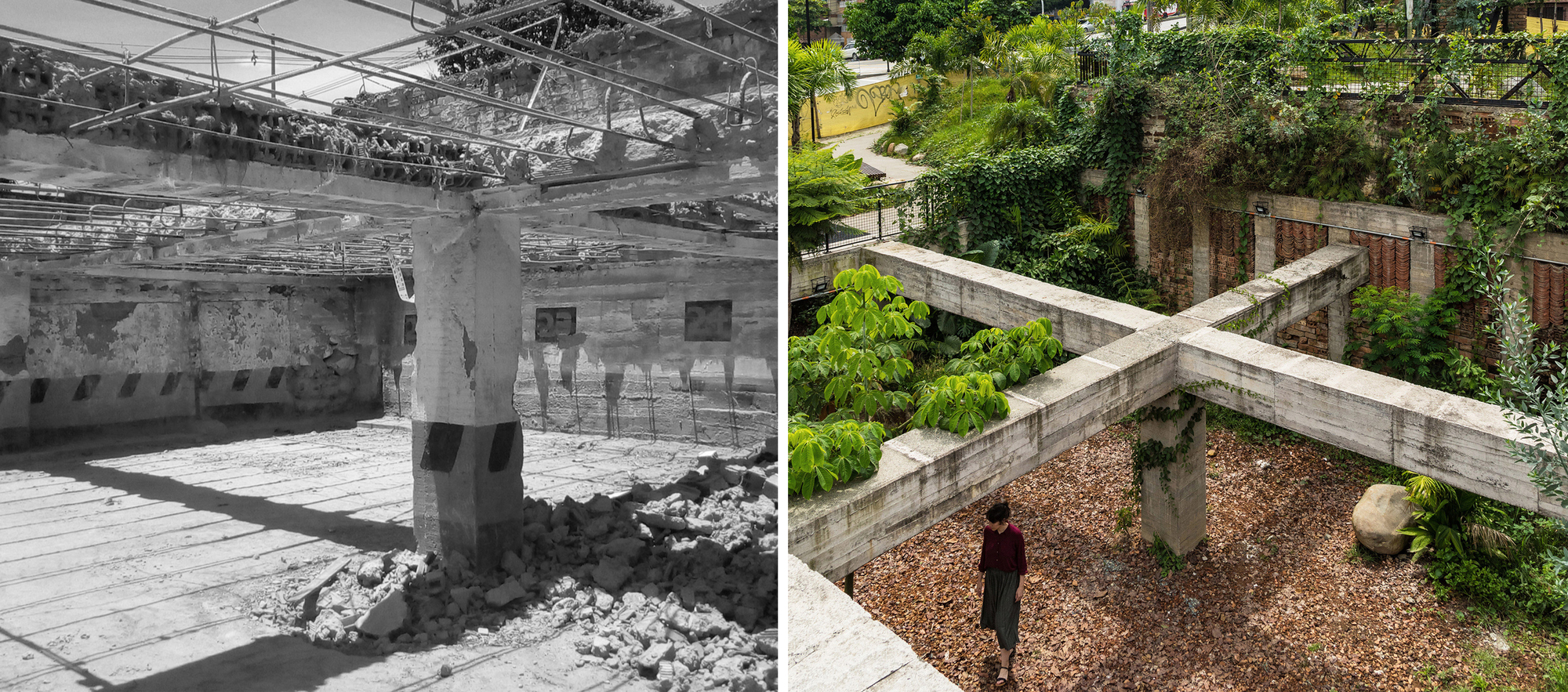 Concrete beam structure forming zigzag canopy over gravel courtyard with planted beds and visitor below