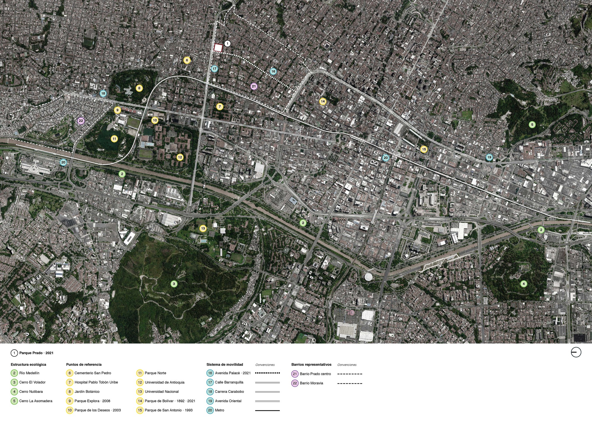 Aerial satellite map showing urban fabric with parks and landmarks marked by colored dots and legend