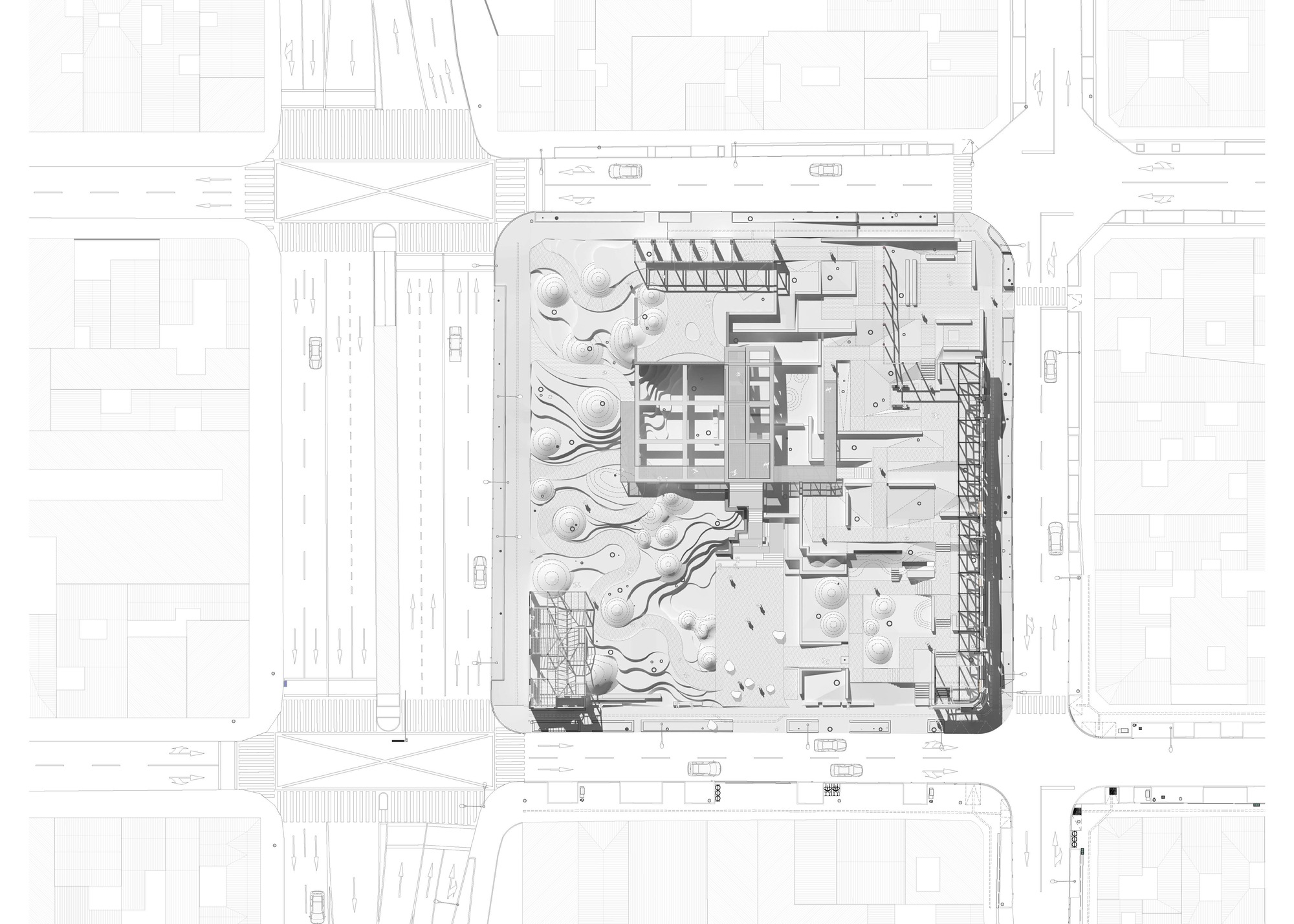 Site plan drawing showing a building with curved terraces nestled within surrounding streets and landscaping