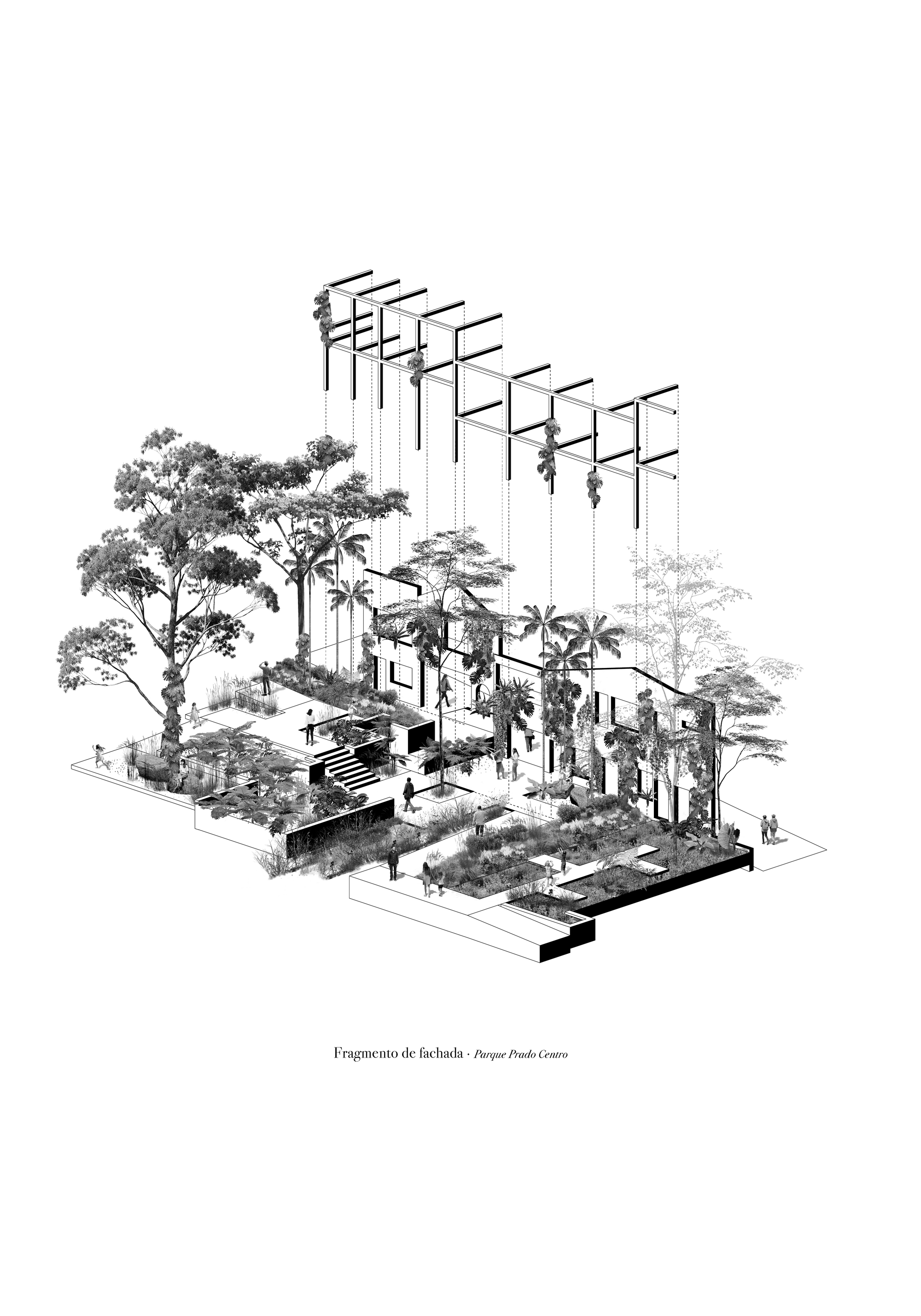 Axonometric drawing showing a fragmented structure with overhead shading frames and palm trees integrated into the composition