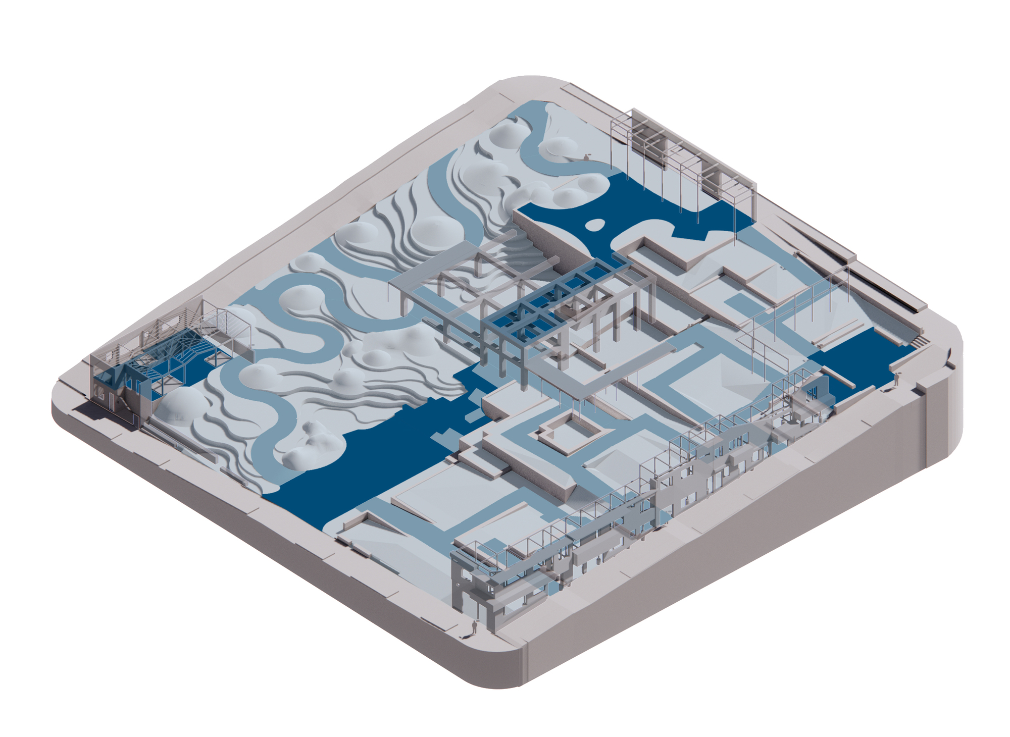 Isometric drawing in color illustrating undulating water features alongside rectilinear built volumes and circulation paths