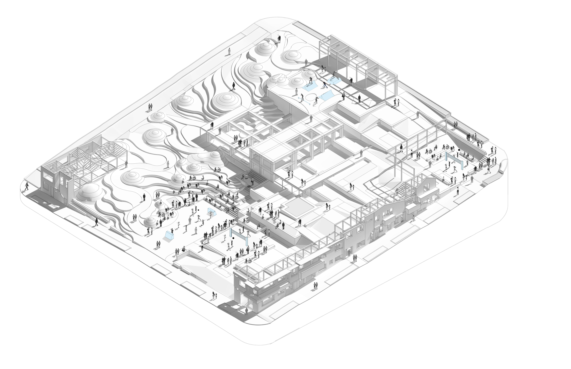 Isometric drawing showing wavy landscape forms beside rectilinear structures populated with figures throughout the site