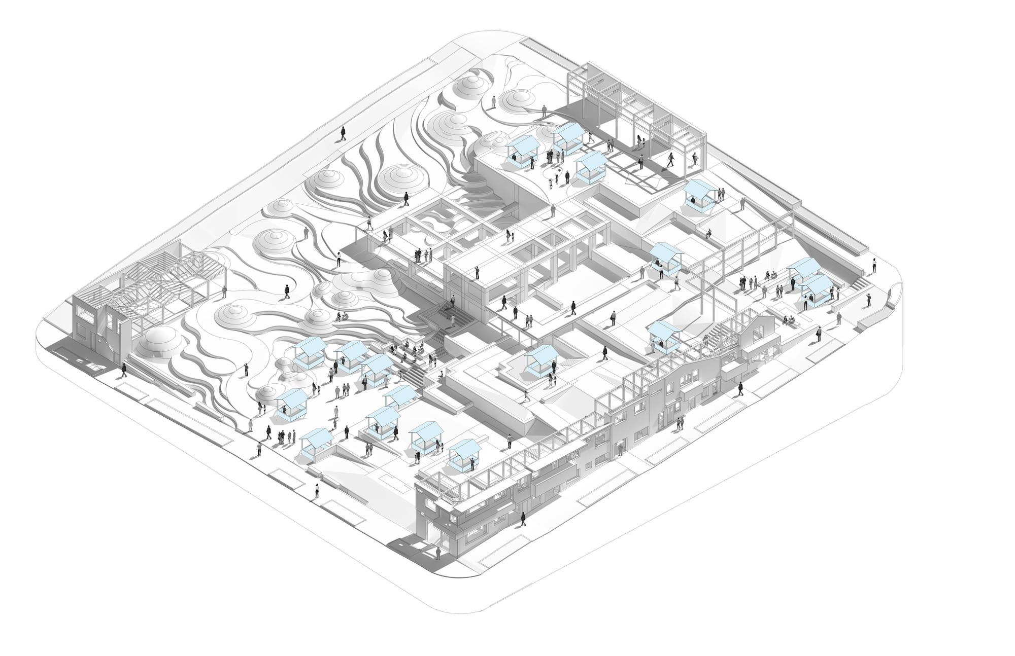 Axonometric drawing showing office floors with workstations alongside a terraced landscape with curved topography