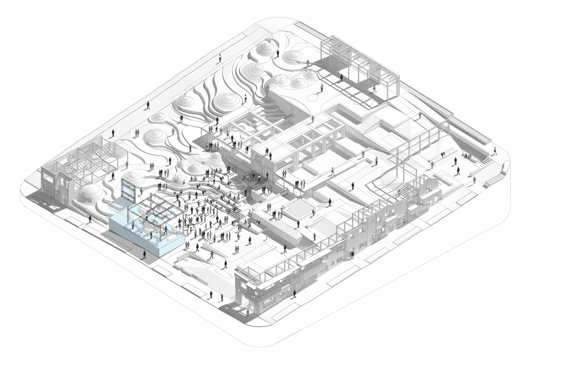 Axonometric drawing showing interior spaces with a central courtyard filled with vertical structural columns