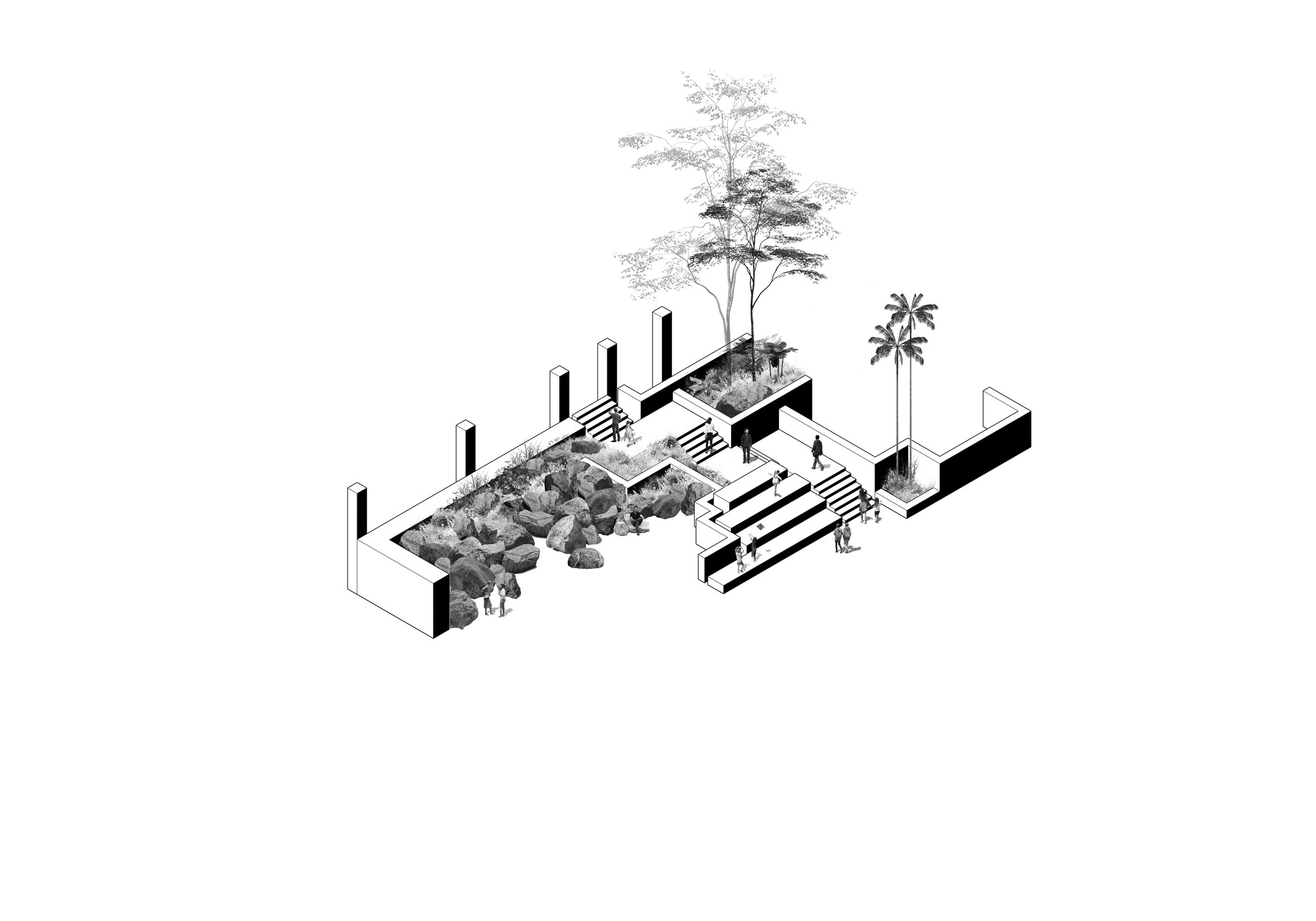 Isometric drawing of a planted terrace with benches, vertical columns, and a large deciduous tree