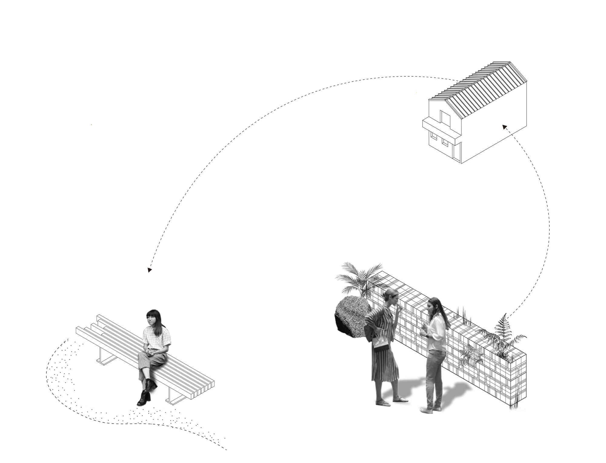 Diagram showing circulation arrows connecting a bench, gridded planters with palms, and a building volume