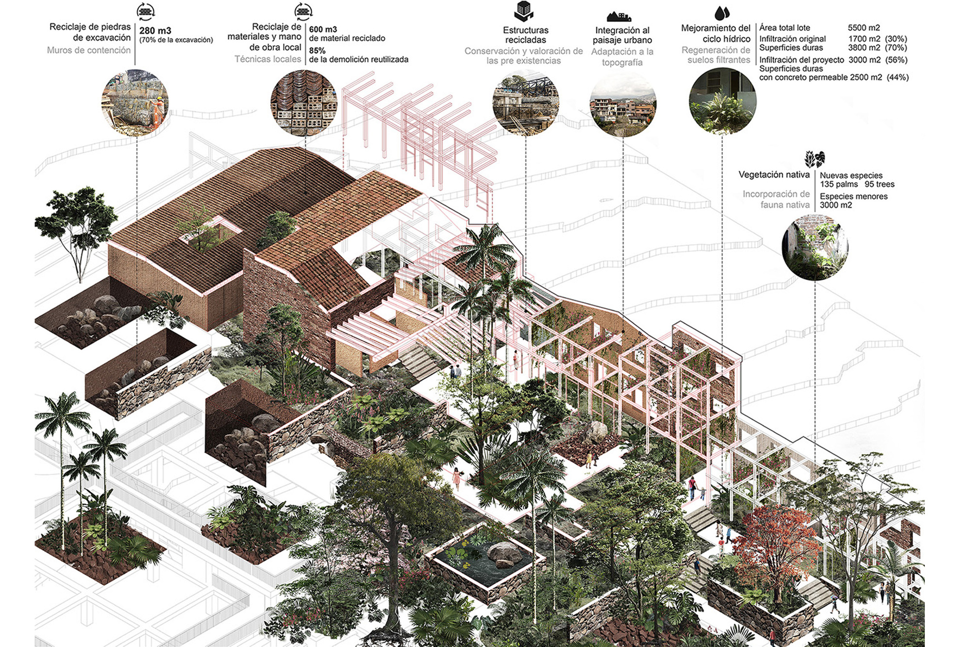 Axonometric diagram showing timber-framed buildings with tile roofs and courtyards interspersed with planted gardens and palm trees