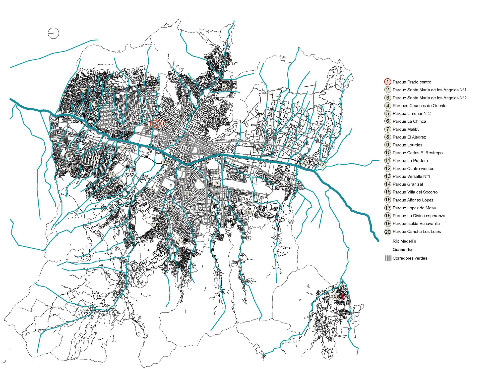 Urban plan drawing mapping green corridors and waterways threading through a dense metropolitan grid with numbered park locations
