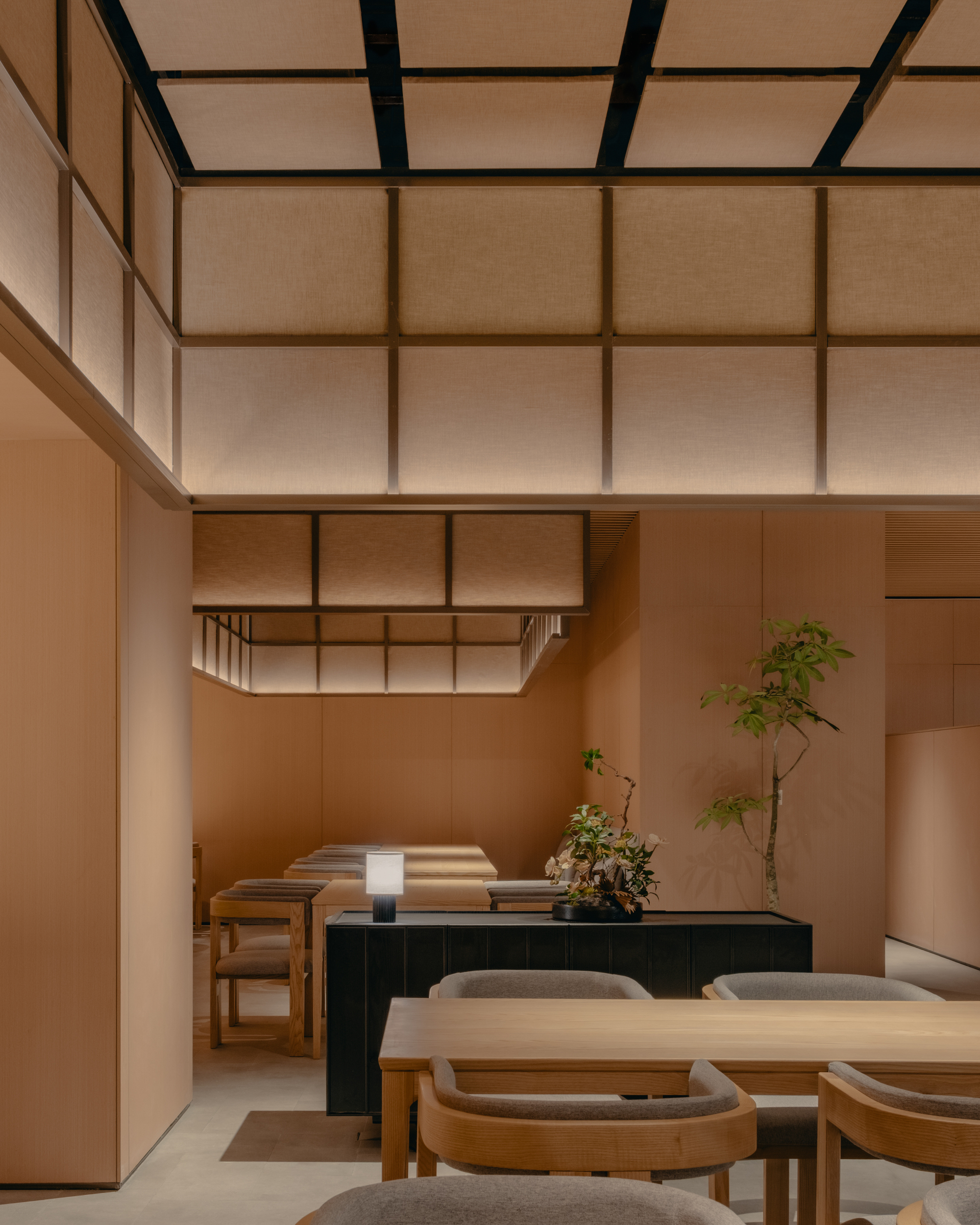 Interior dining area with translucent gridded ceiling panels, timber furniture and potted greenery under warm evening light