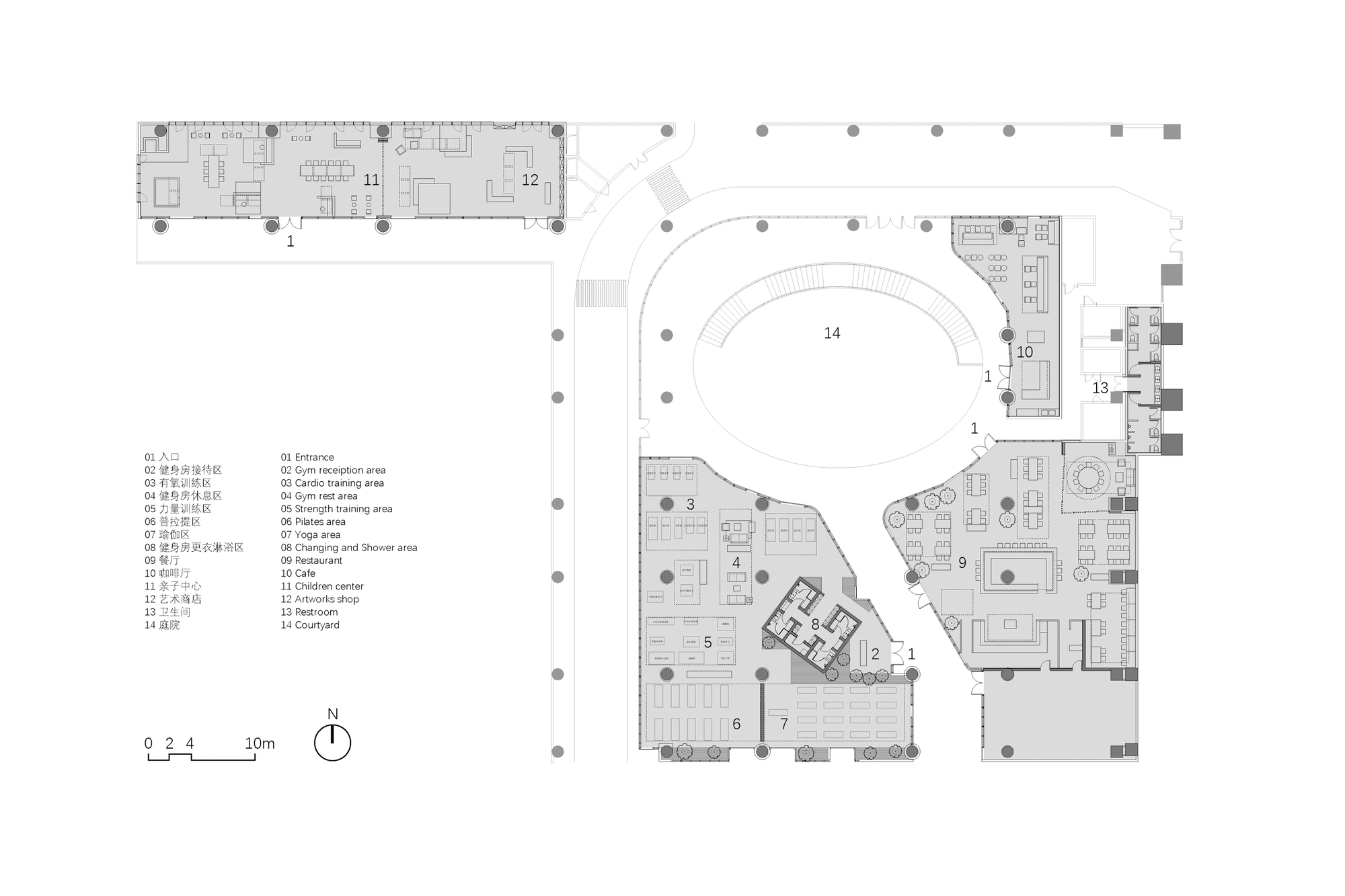 Floor plan drawing showing a linear wing and spiral form with numbered rooms and labeled spaces
