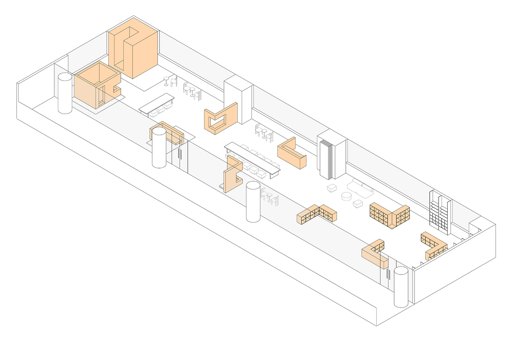 Isometric drawing of a long rectangular hall with columns and timber-toned furniture elements