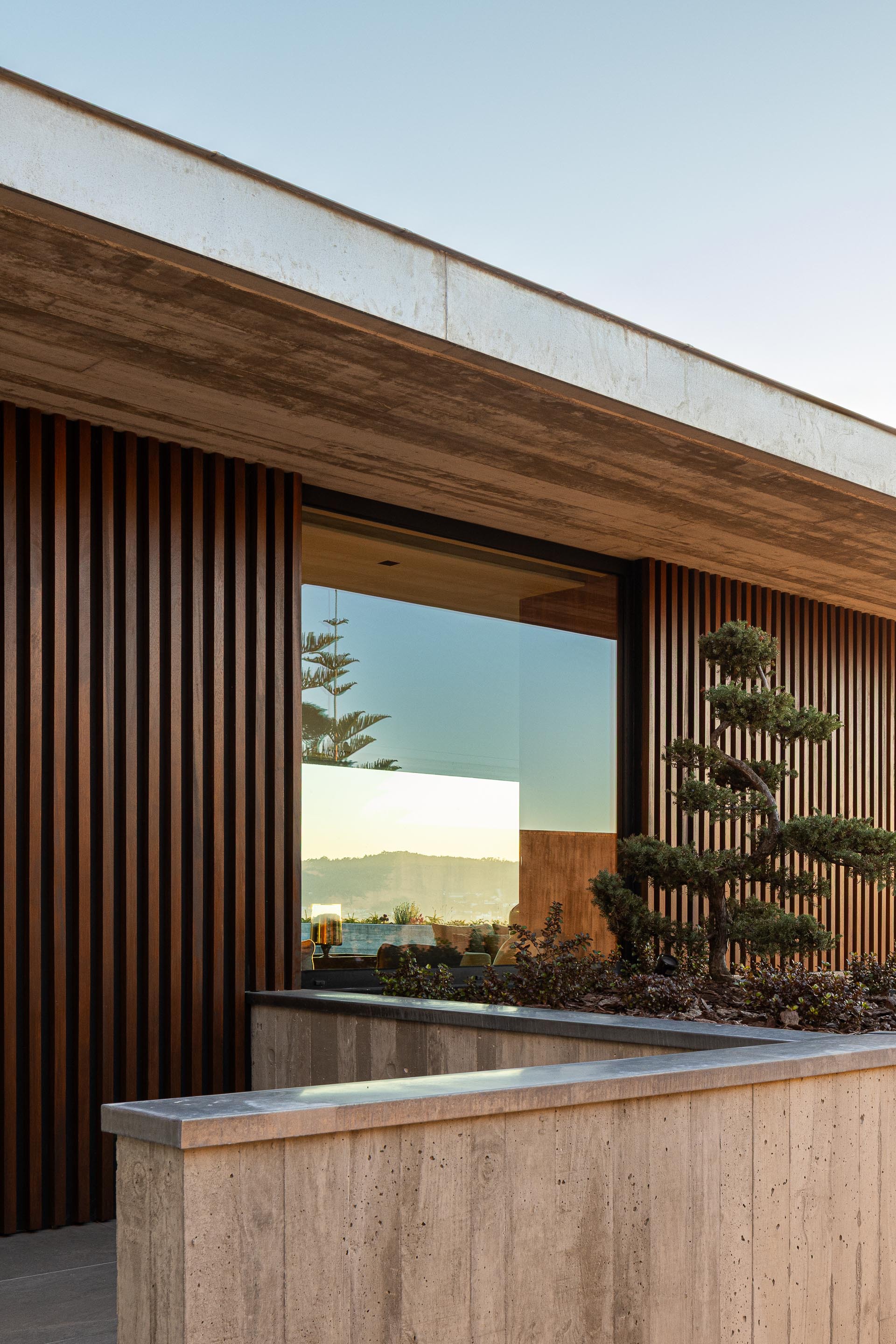 Rooftop terrace with timber slat screens, a planted concrete planter, and reflective glazing at dusk