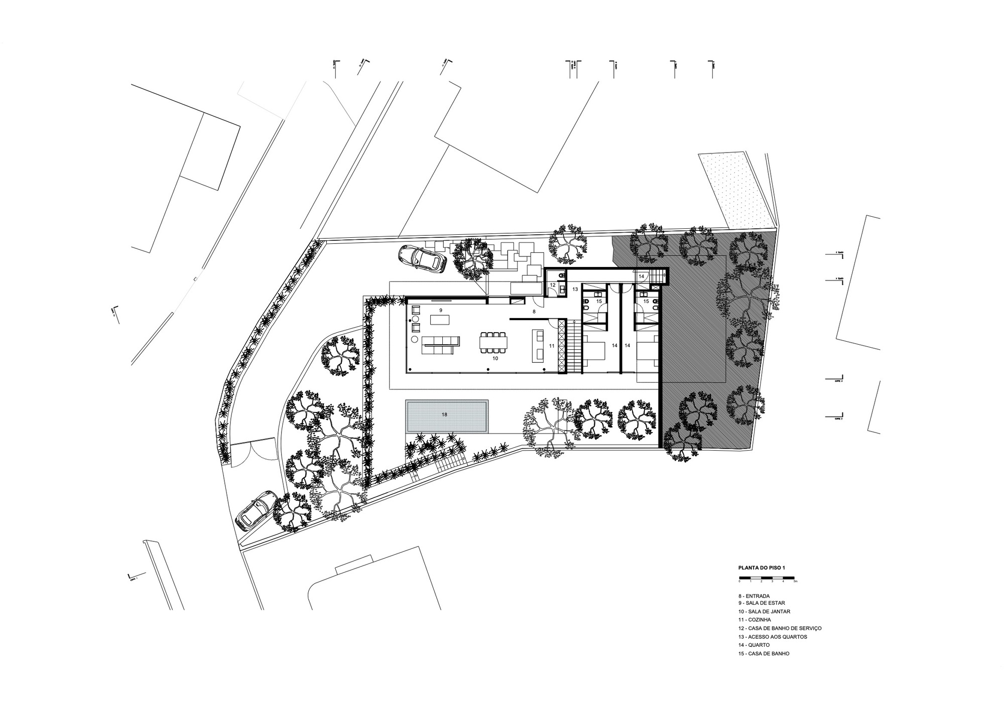 Floor plan drawing showing interior rooms and terraced outdoor spaces with trees