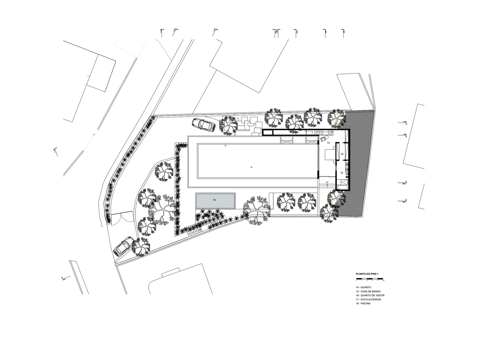 Site plan drawing showing a rectangular pool, adjacent secondary volume, and perimeter landscaping with trees