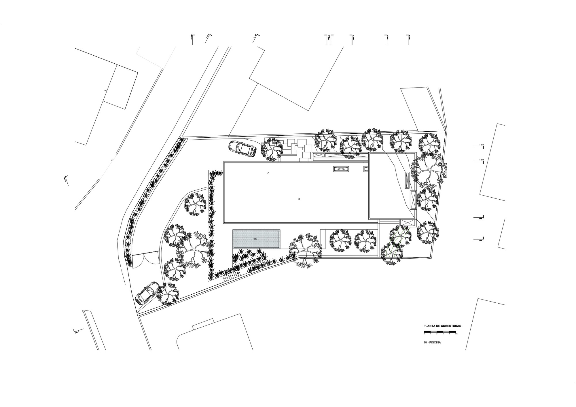 Site plan drawing depicting the main building footprint with pool and surrounding landscape elements