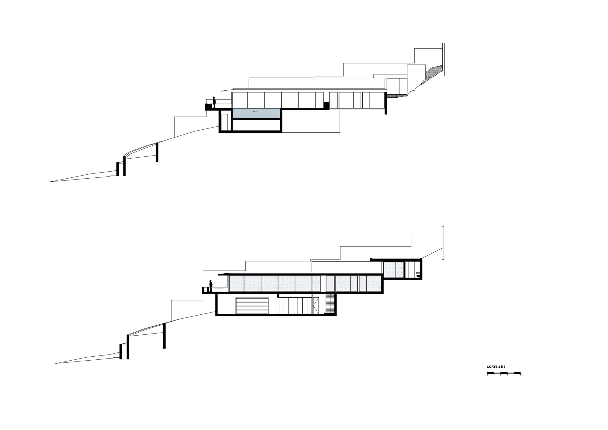 Two longitudinal section drawings showing the building stepping down a sloped site