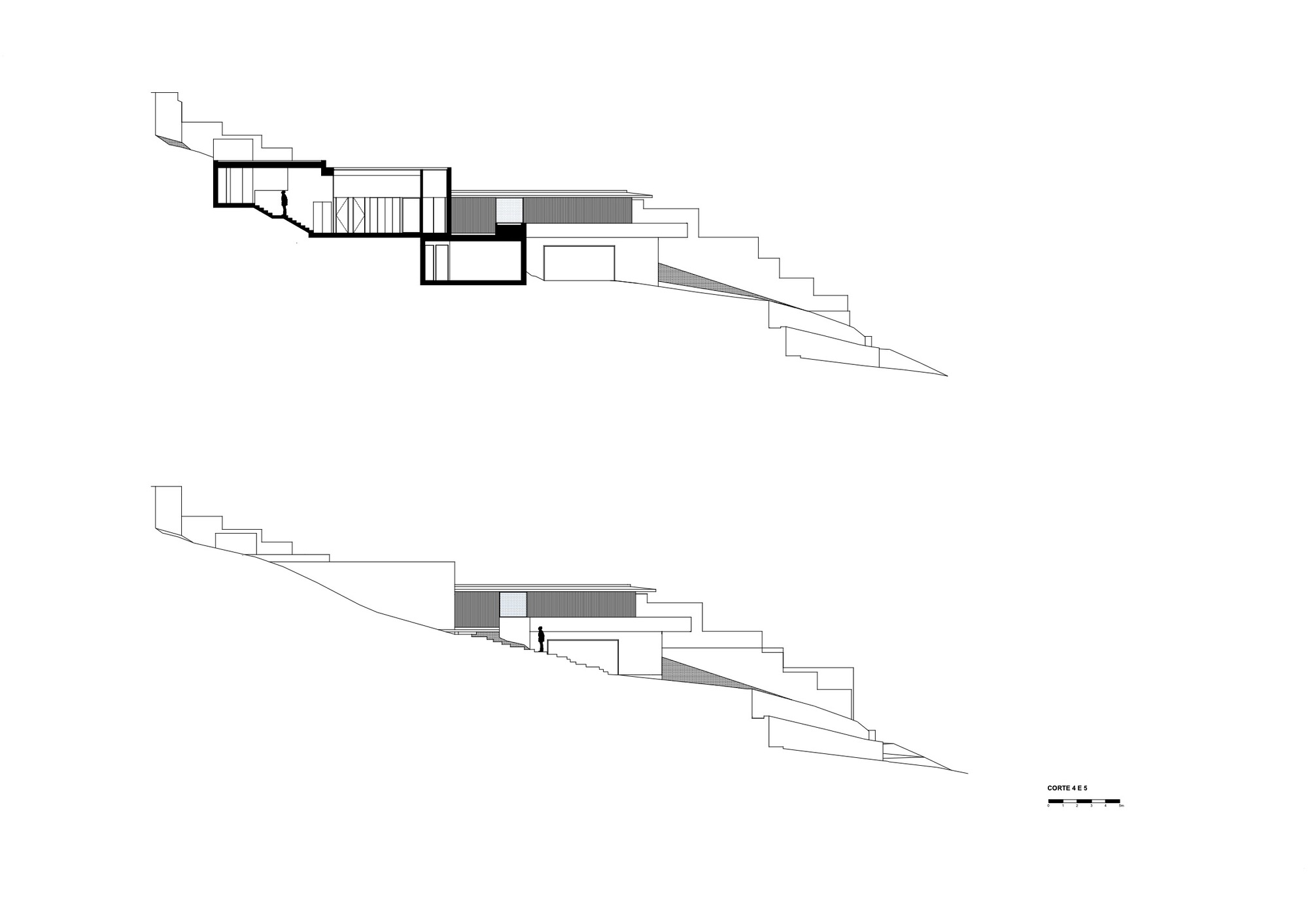 Two longitudinal section drawings revealing interior volumes and the terraced topography