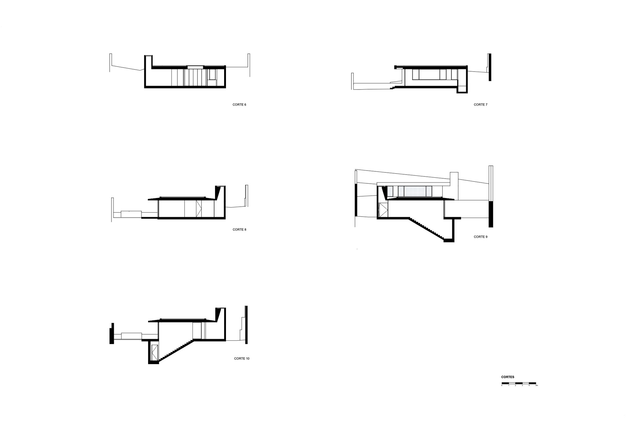 Five transverse section drawings displaying varied roof heights and internal spatial organization