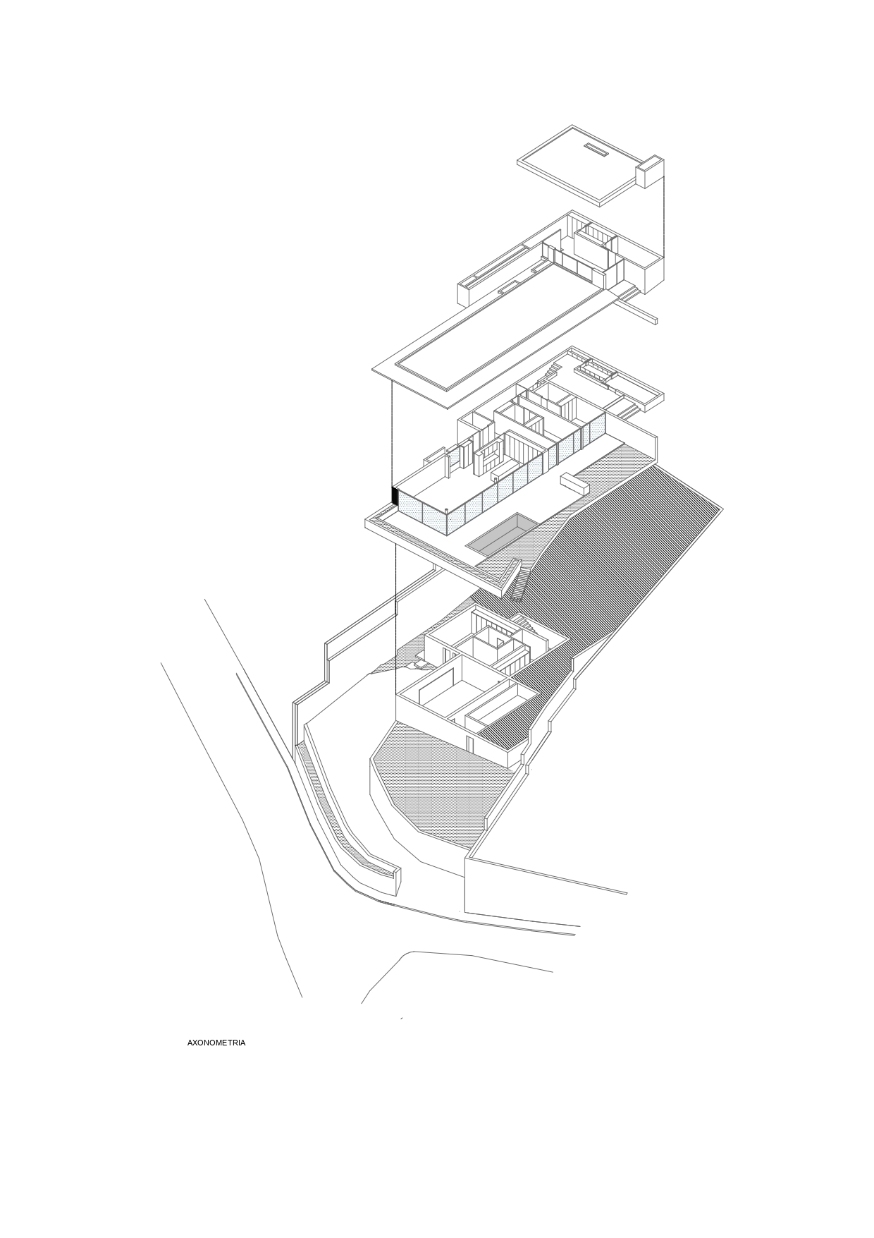 Axonometric drawing showing stacked floor plates with a pool terrace and curved site access road