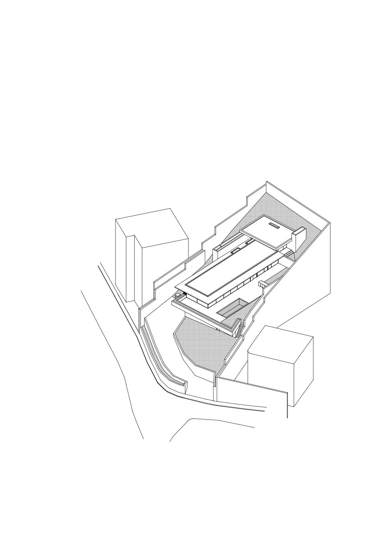 Axonometric drawing of a multi-level building with a curved courtyard and adjacent structures