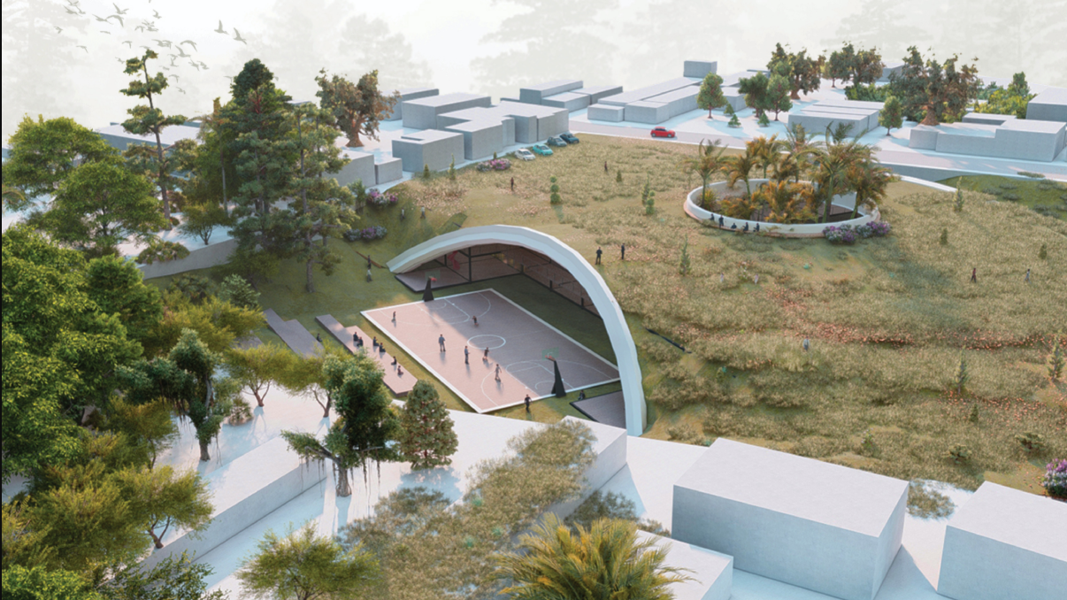 Aerial view of Creative Arcade blending architecture, recreation, and landscape.