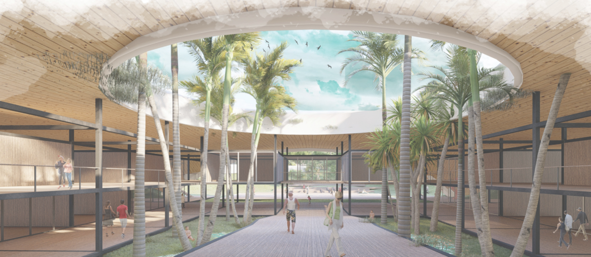 Open central courtyard brings daylight, greenery, and community into the underground complex.