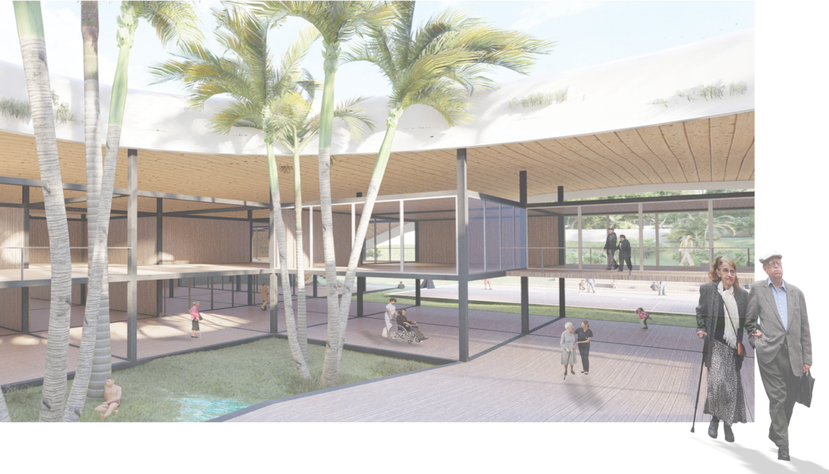 Flexible courtyard spaces create an accessible environment for diverse community needs.