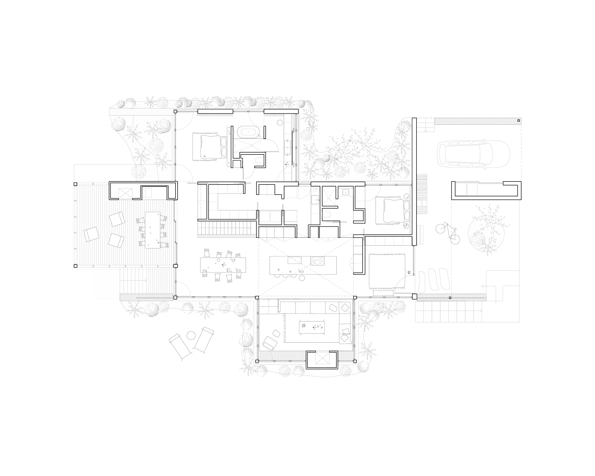 Floor plan drawing depicting interconnected rooms with outdoor terraces and surrounding trees indicated in plan view