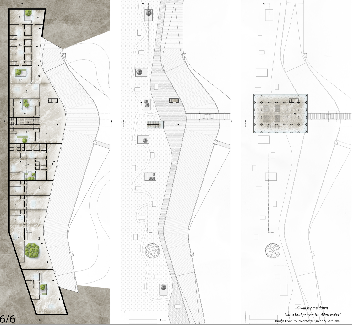 Architectural plans organize veterinary care, education, public functions, and circulation across the site.