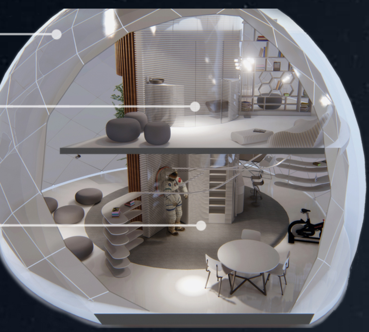 Compact habitat module designed for living, working, dining, and recreation on the Moon.