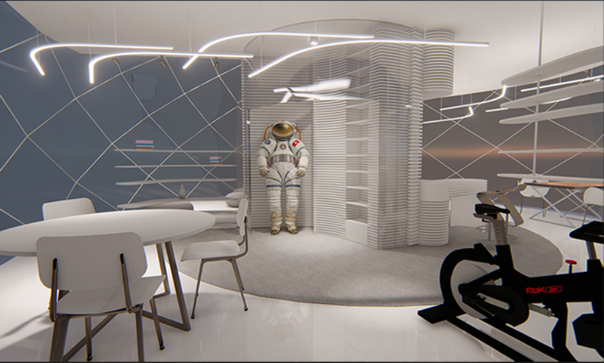 Work and fitness zone within the self-sustaining lunar habitat module.