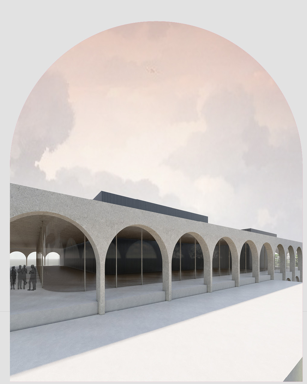 Covered colonnade with repeating concrete arches and floor-to-ceiling glazing under a cloudy sky