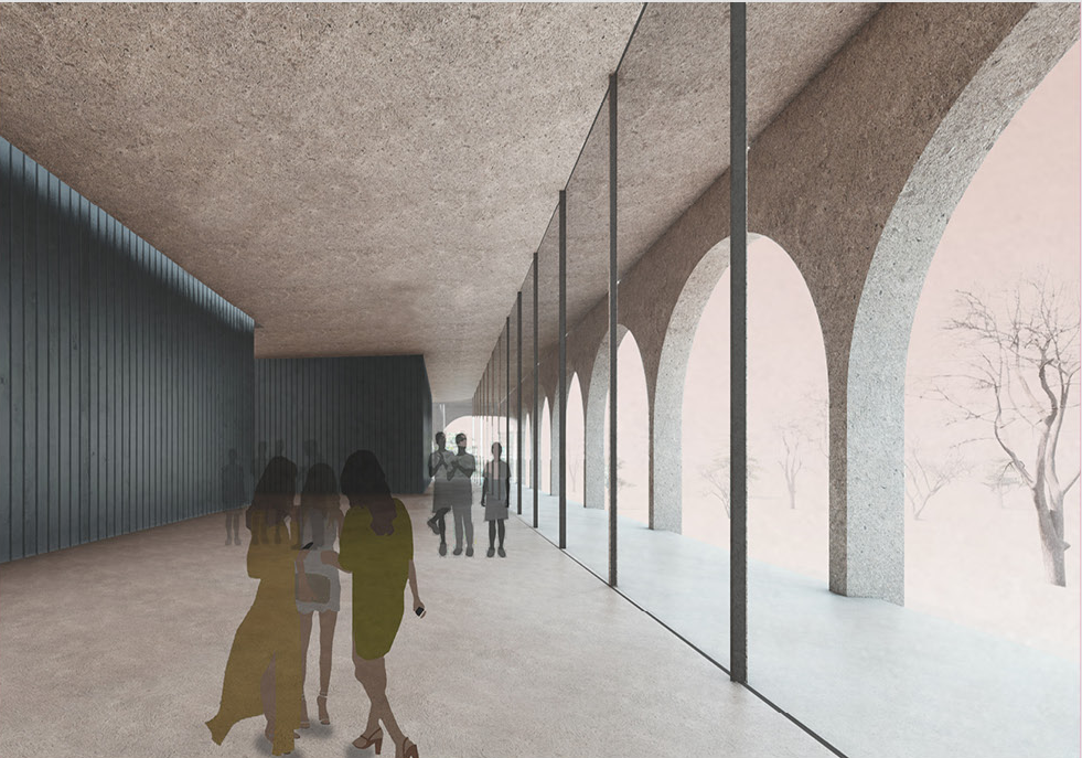Interior corridor with concrete vaulted ceiling, glass walls and visitors in yellow dresses