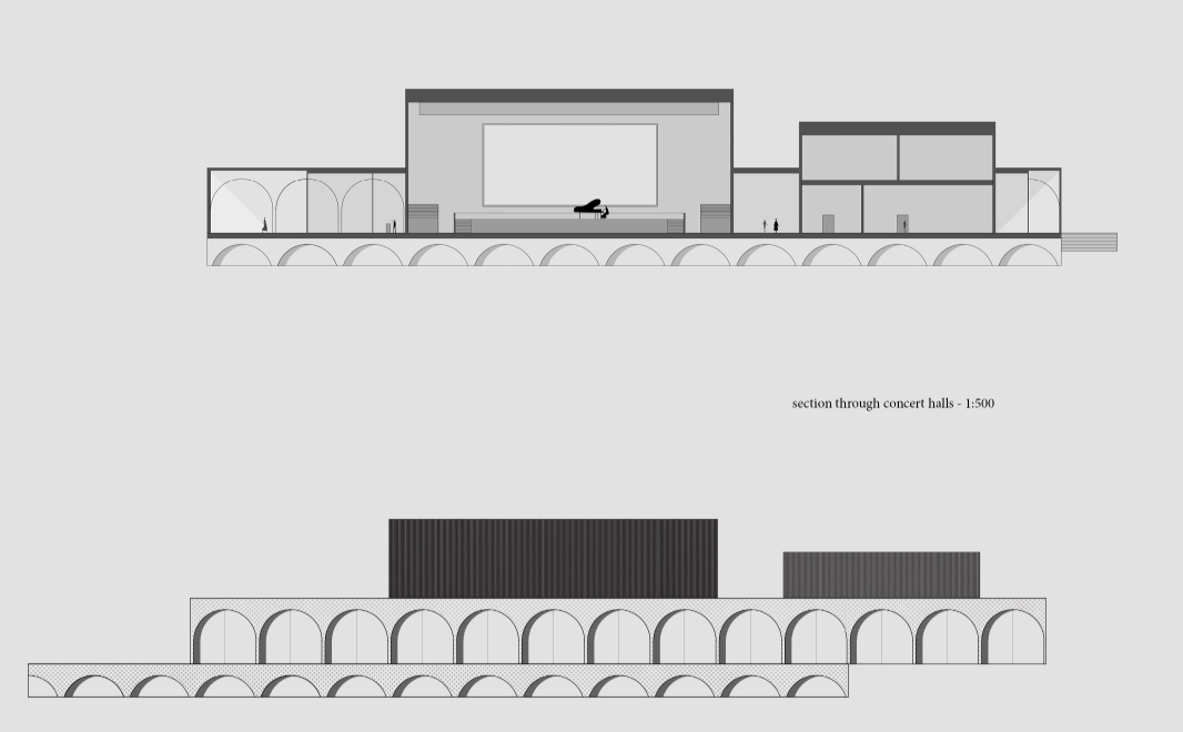 Section and elevation drawings showing arched colonnade with concert hall volumes above