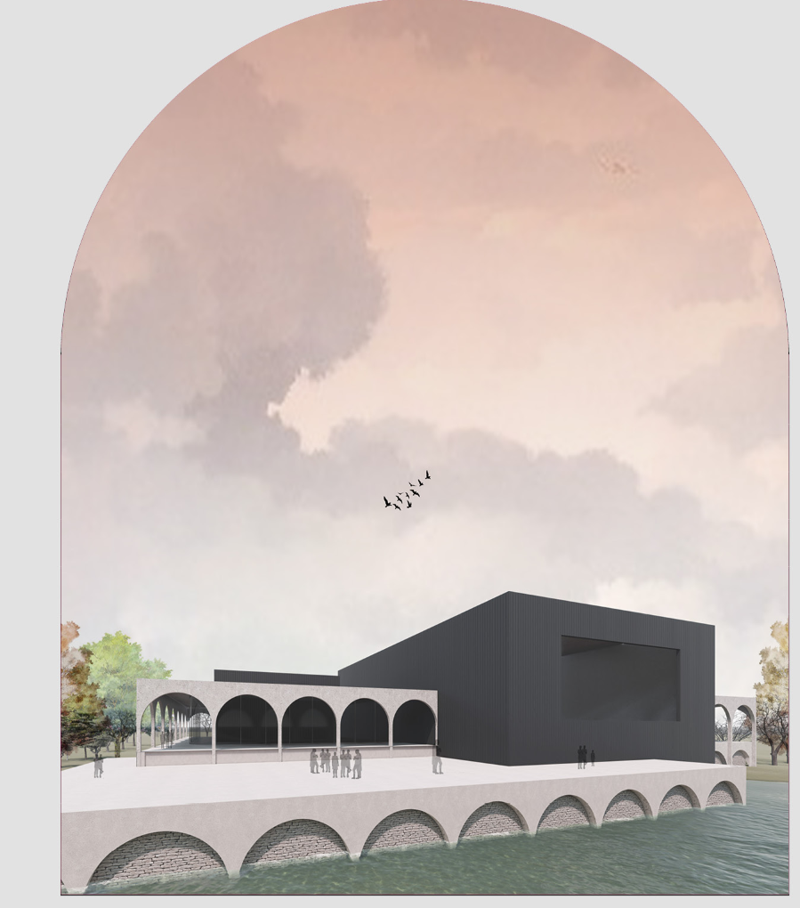 View across water of arched bridge and volumes with dark metal cladding and birds overhead