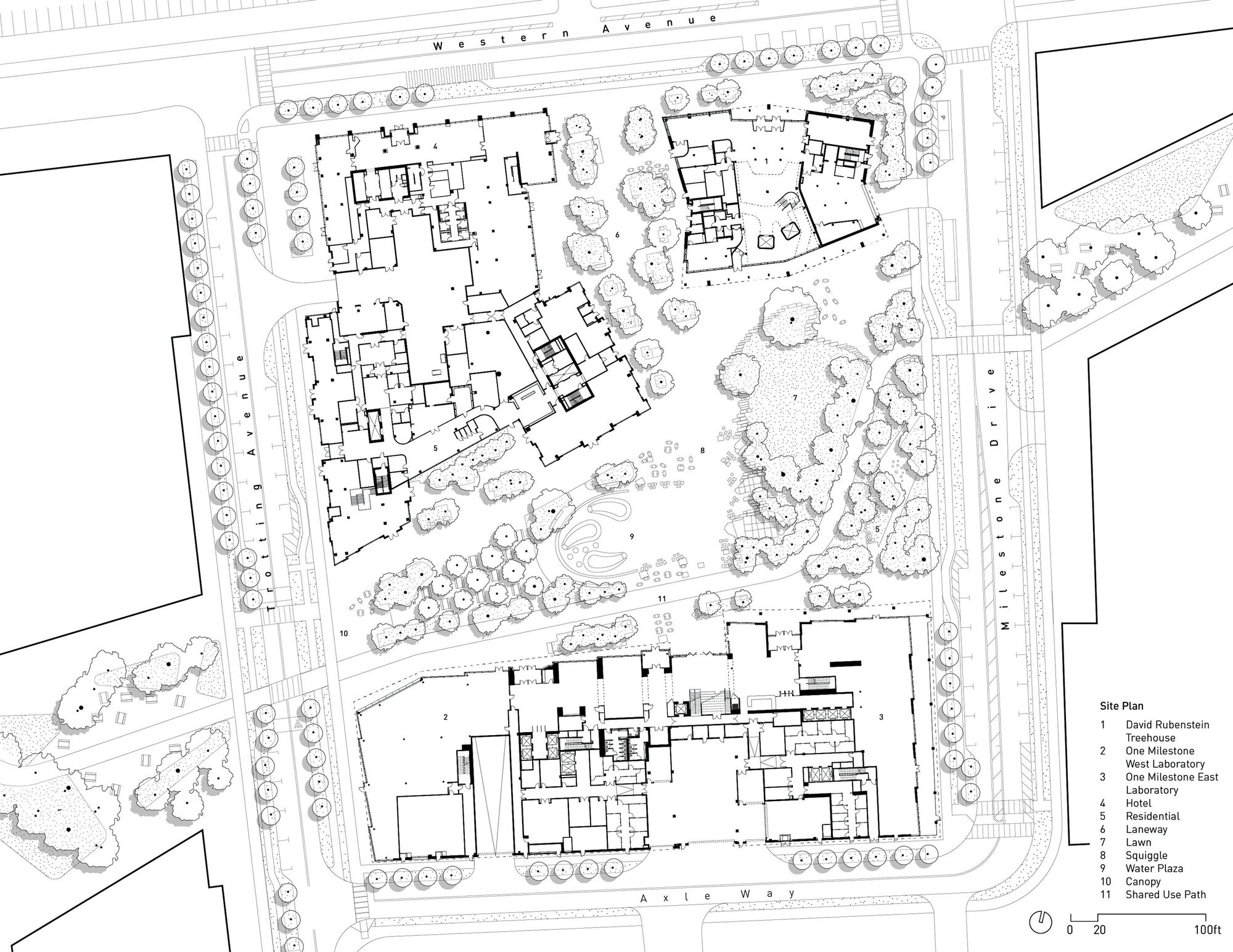 Site plan drawing showing multiple buildings surrounded by landscaped areas and tree canopies