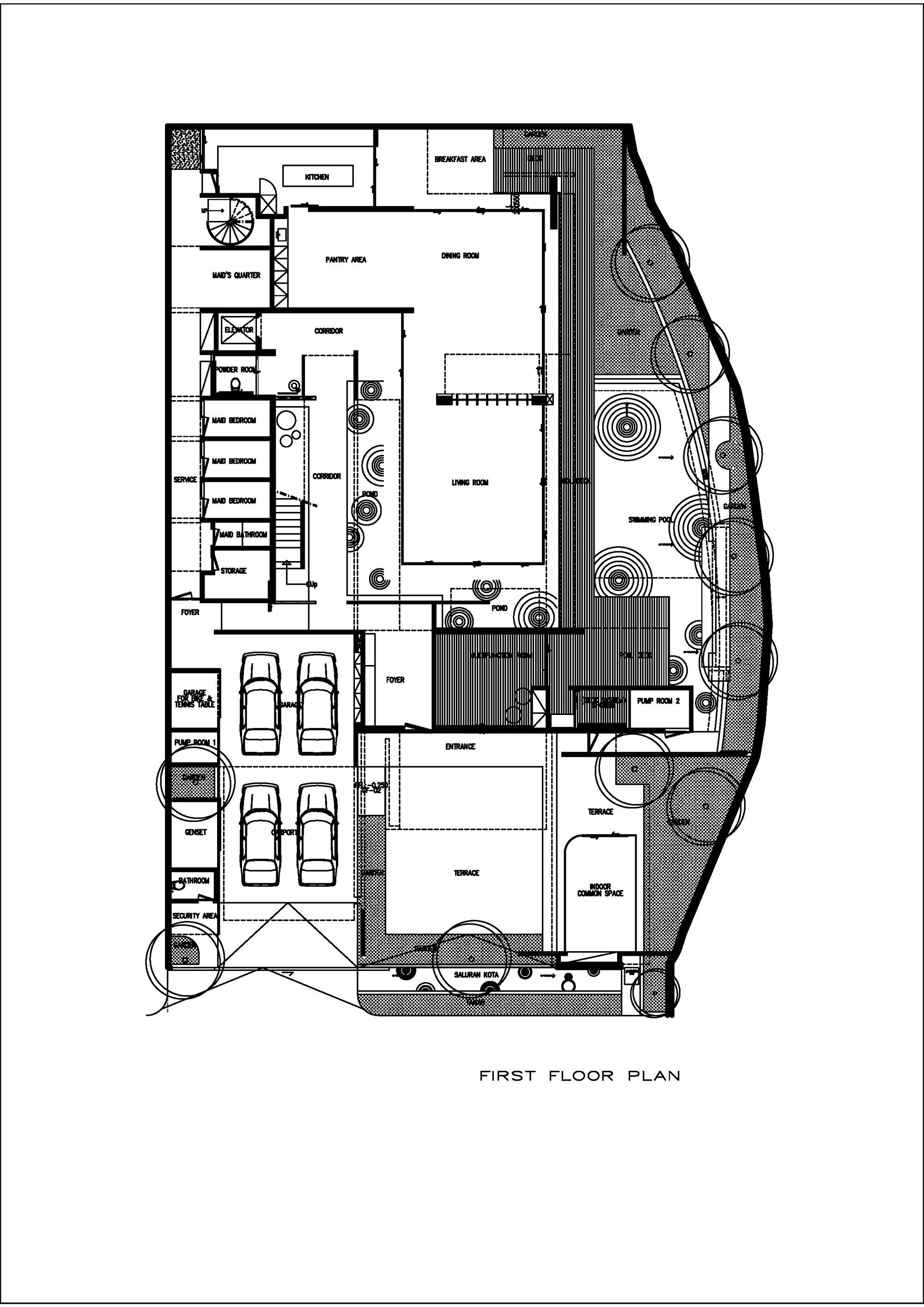 First floor plan drawing showing garage, living spaces, pool, and landscaped courtyard zones