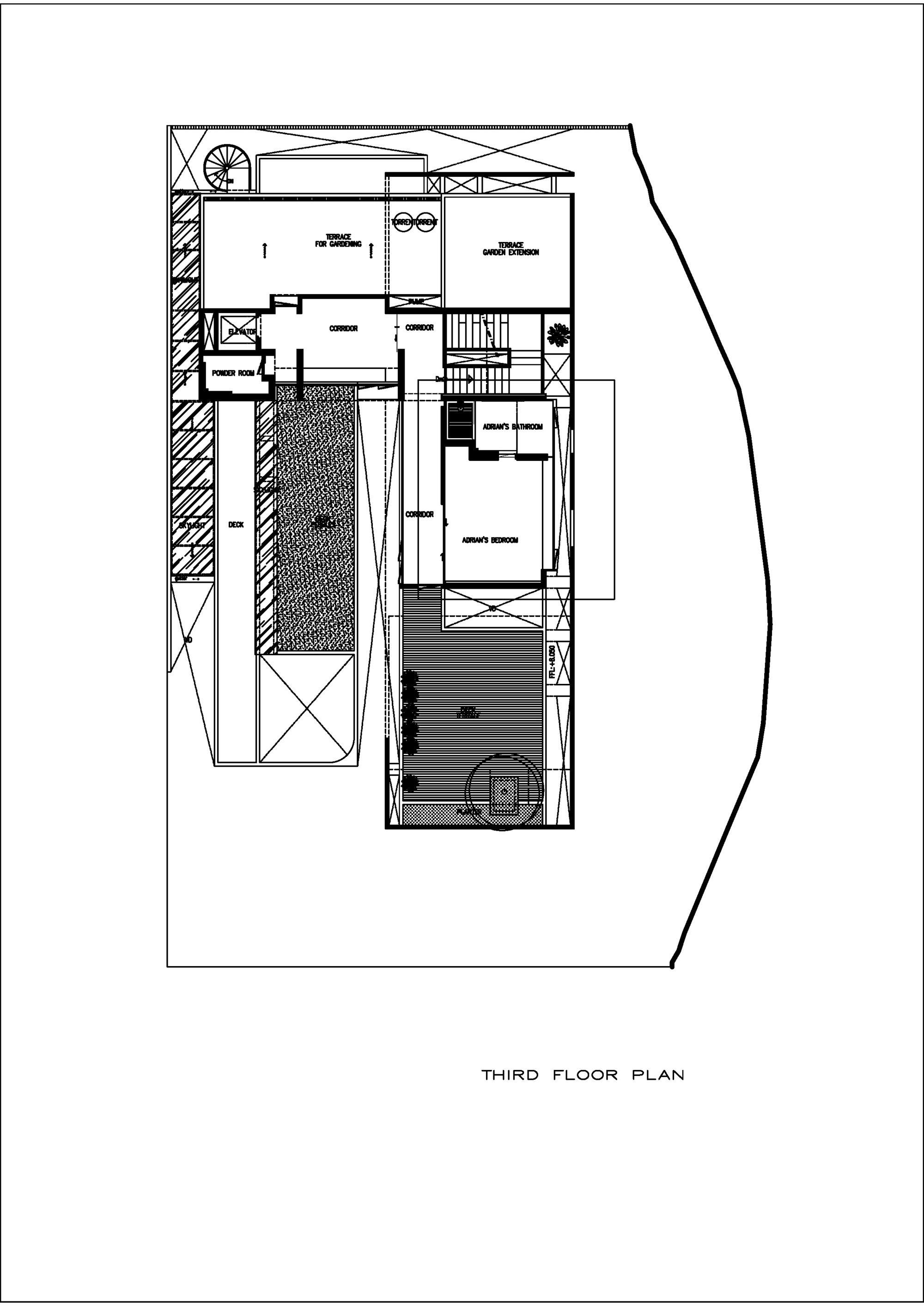 Third floor plan drawing revealing a terraced layout with pool and open courtyard areas