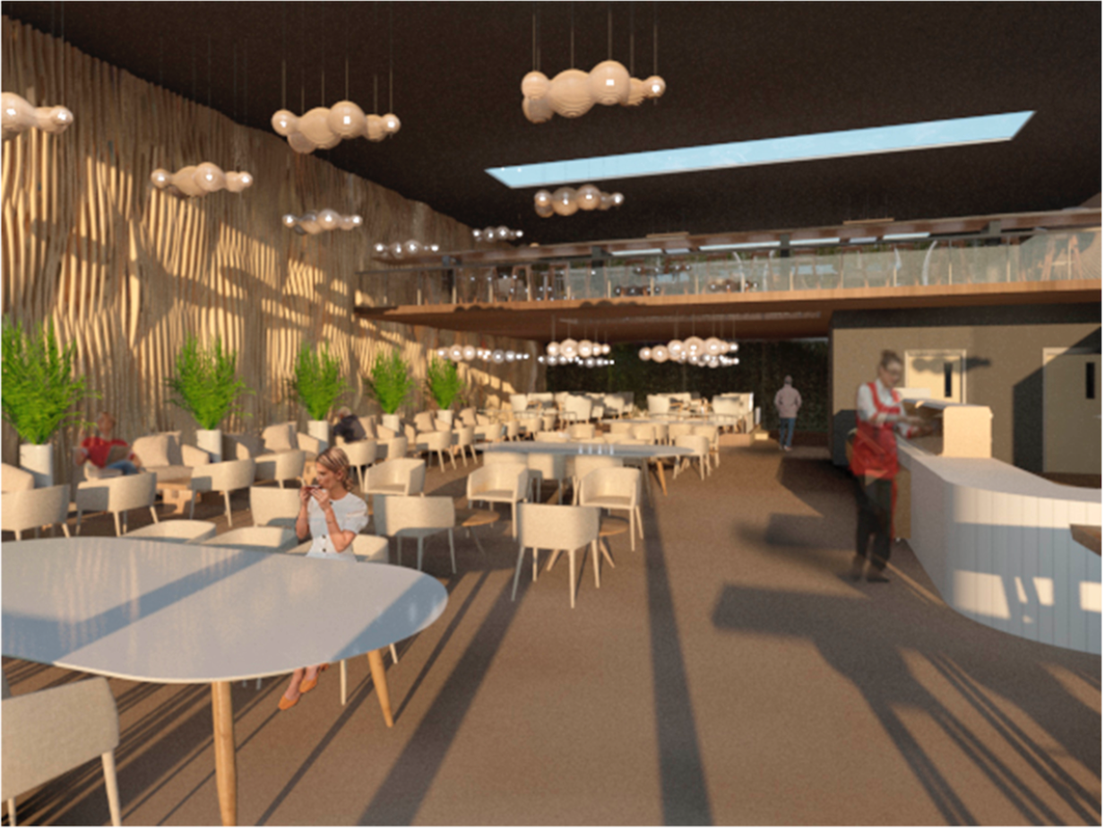 Warm coffee shop access with wooden textures, greenery, soft seating, and natural light shaping an inviting social interior.