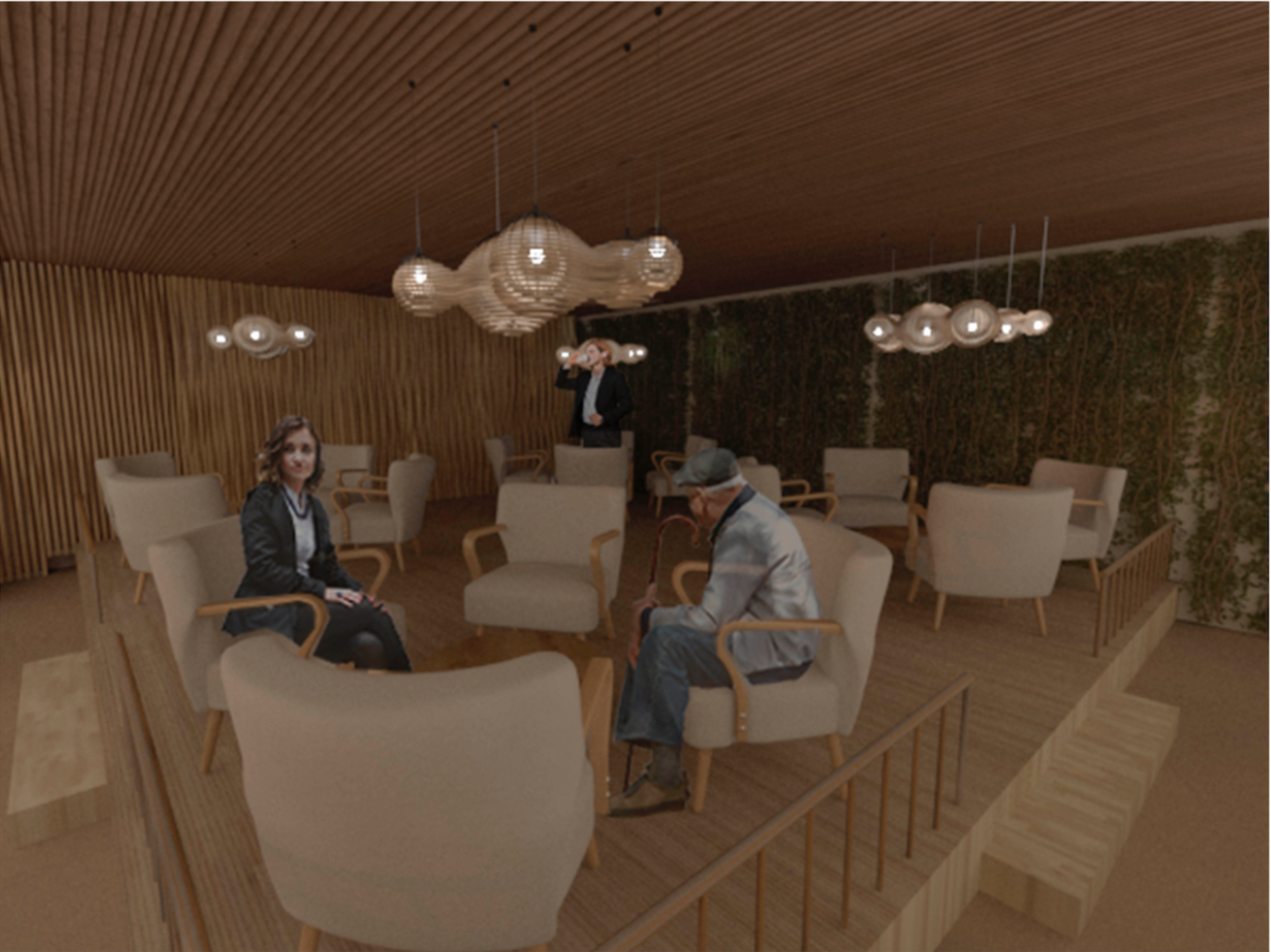 Private lounge zone designed with wood, soft chairs, pendant lights, and a green wall for calm conversations and relaxation.