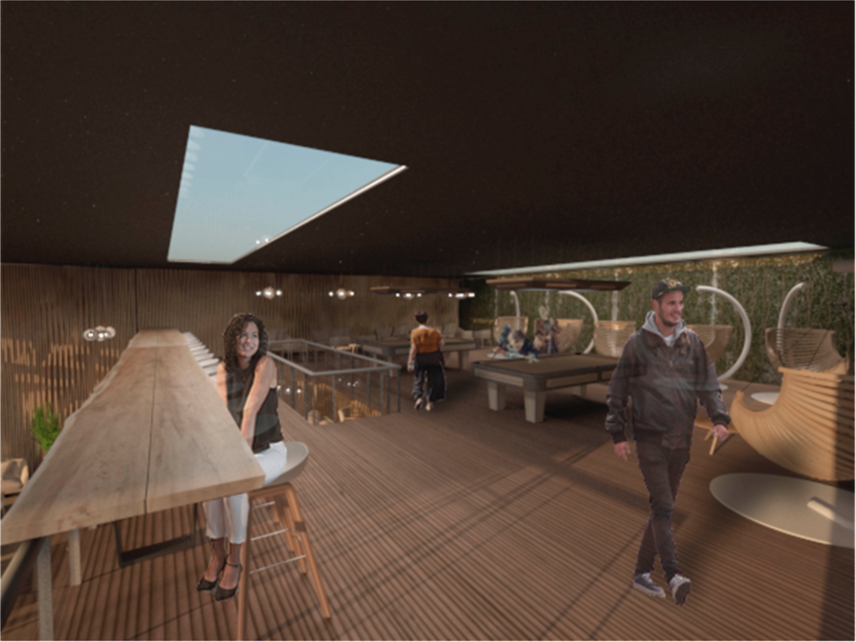 Upper-level café area with skylight, long communal table, lounge seating, and playful zones for shared experiences.