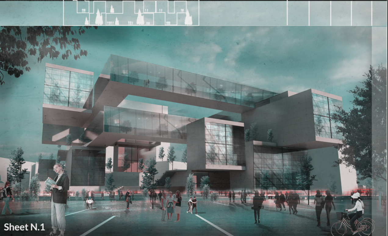 A monumental library of stacked reading cells, bridges, and transparent public spaces.