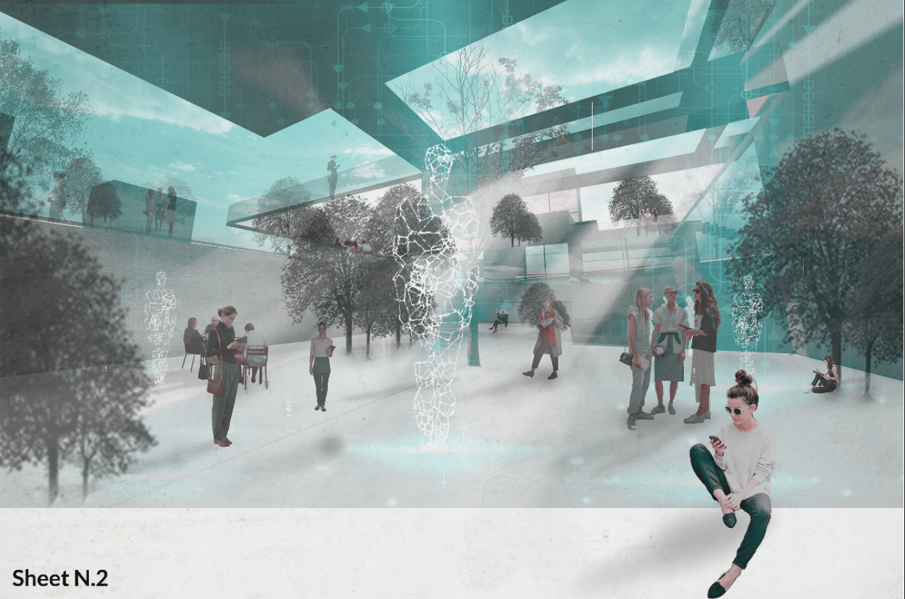 A futuristic interior where digital technology, holograms, nature, and social learning converge.