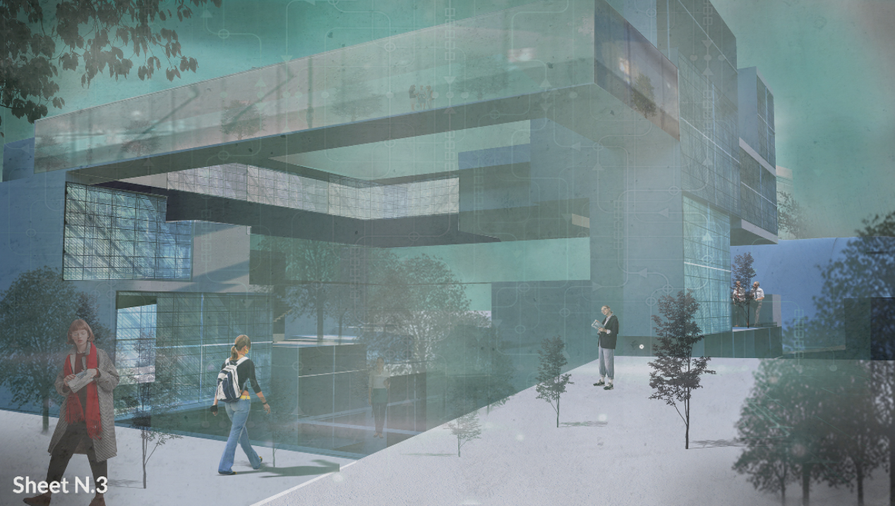 Transparent volumes and landscaped terraces create an open, connected library environment.