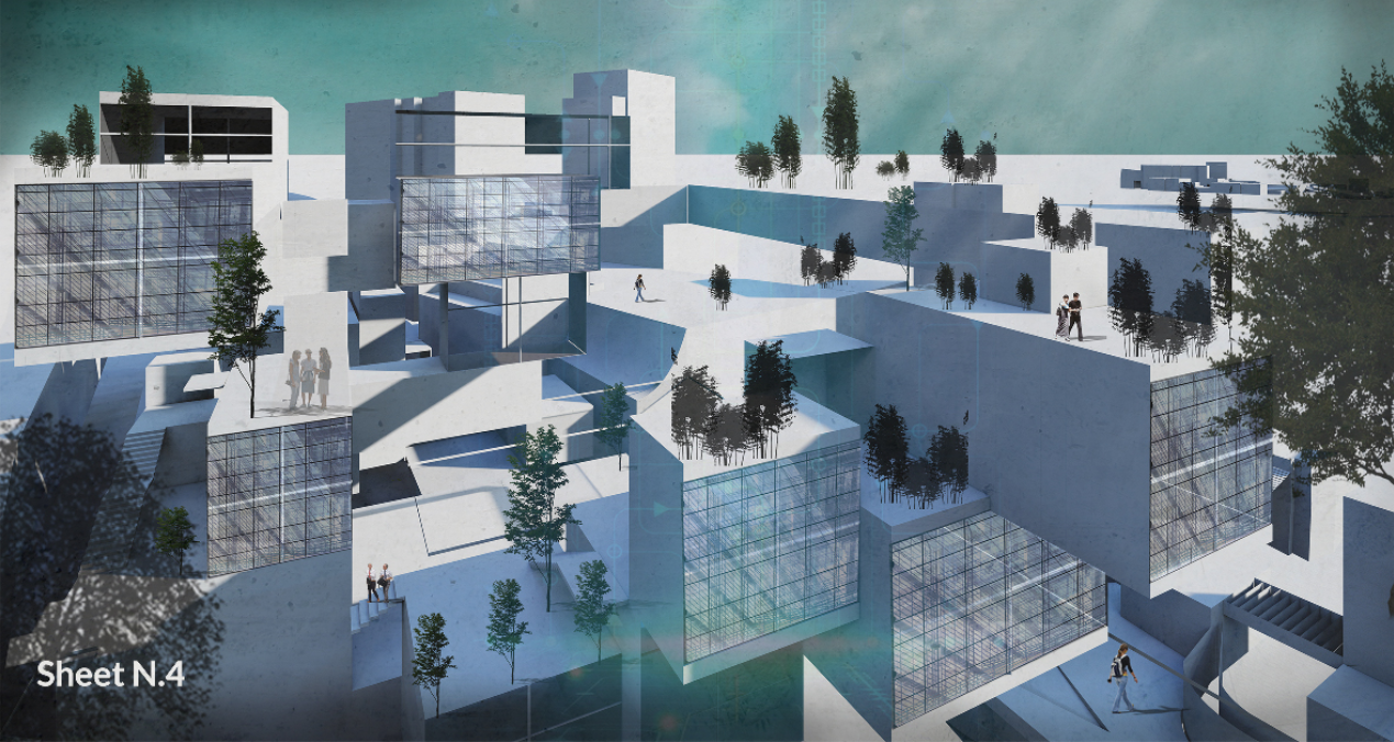 BOOK CELL forms a multi-level knowledge landscape with modular spaces and integrated greenery.