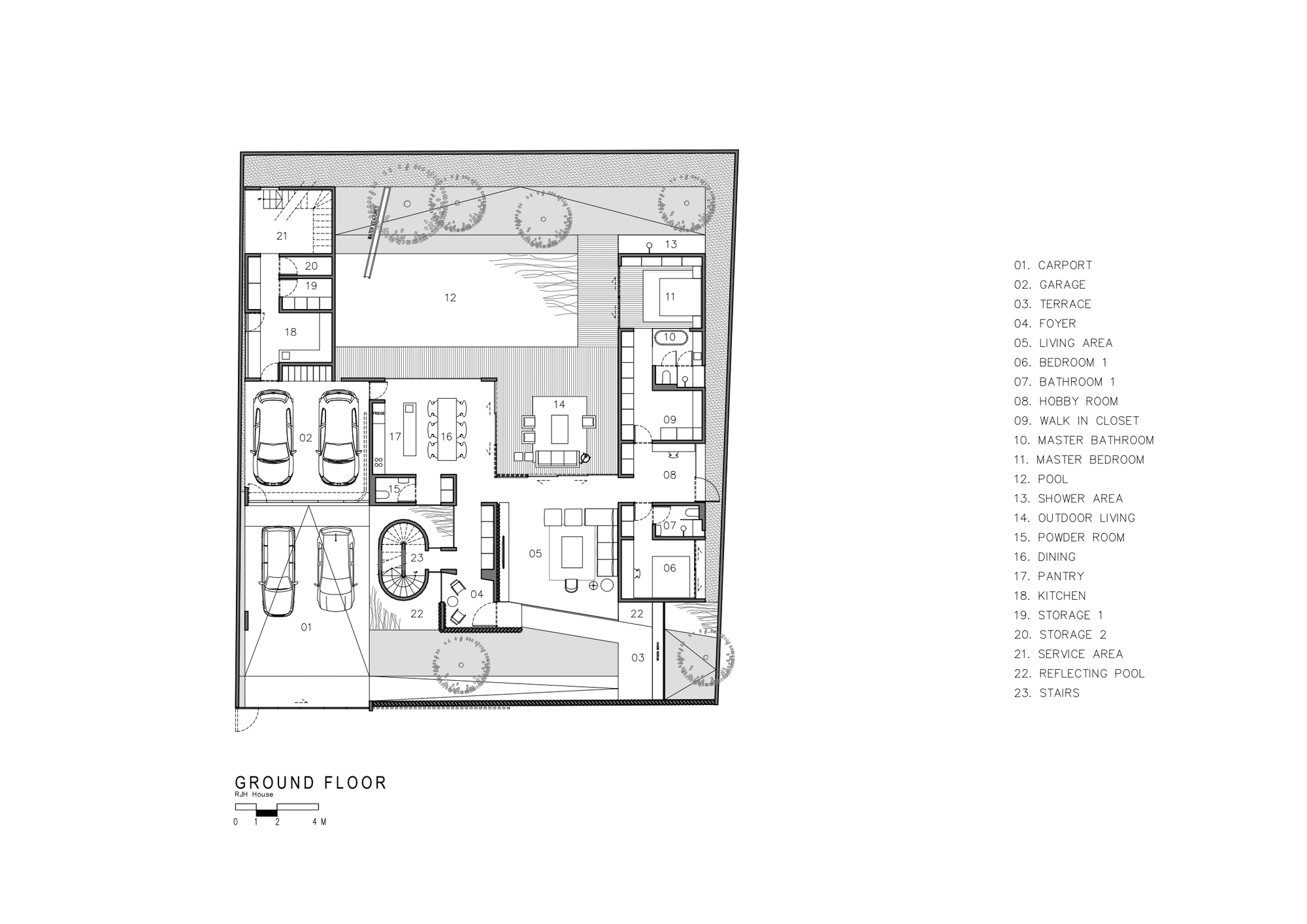 Ground floor plan showing garage, central pool, living areas, and service spaces around courtyard