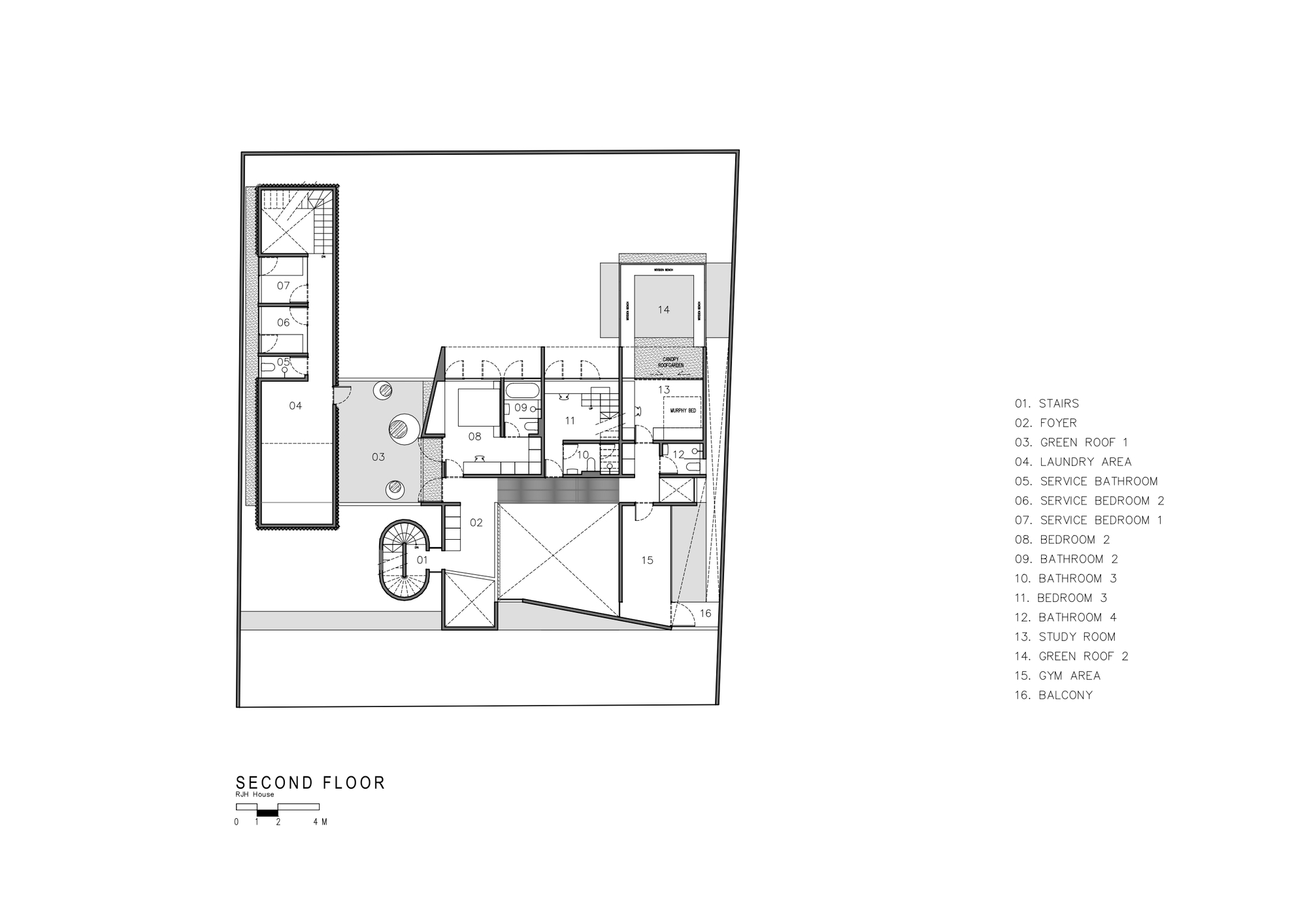 Second floor plan indicating bedrooms, bathrooms, study room, gym, and green roof areas